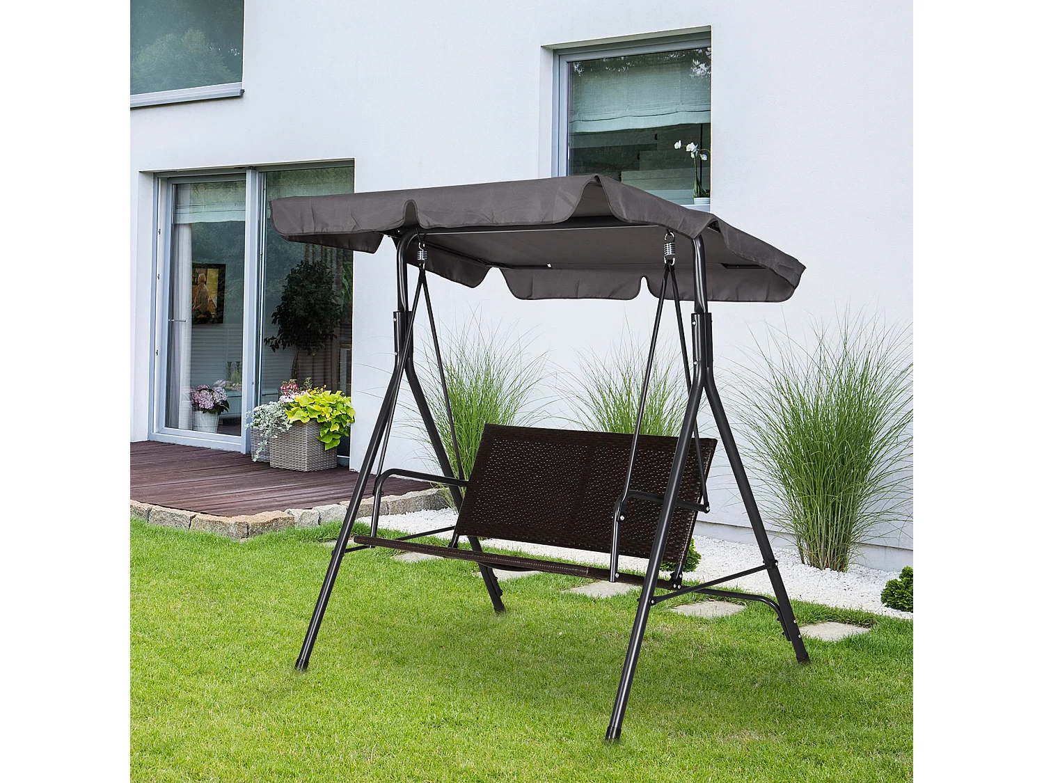 Dondolo da giardino 2 posti con tettuccio in rattan marrone e grigio