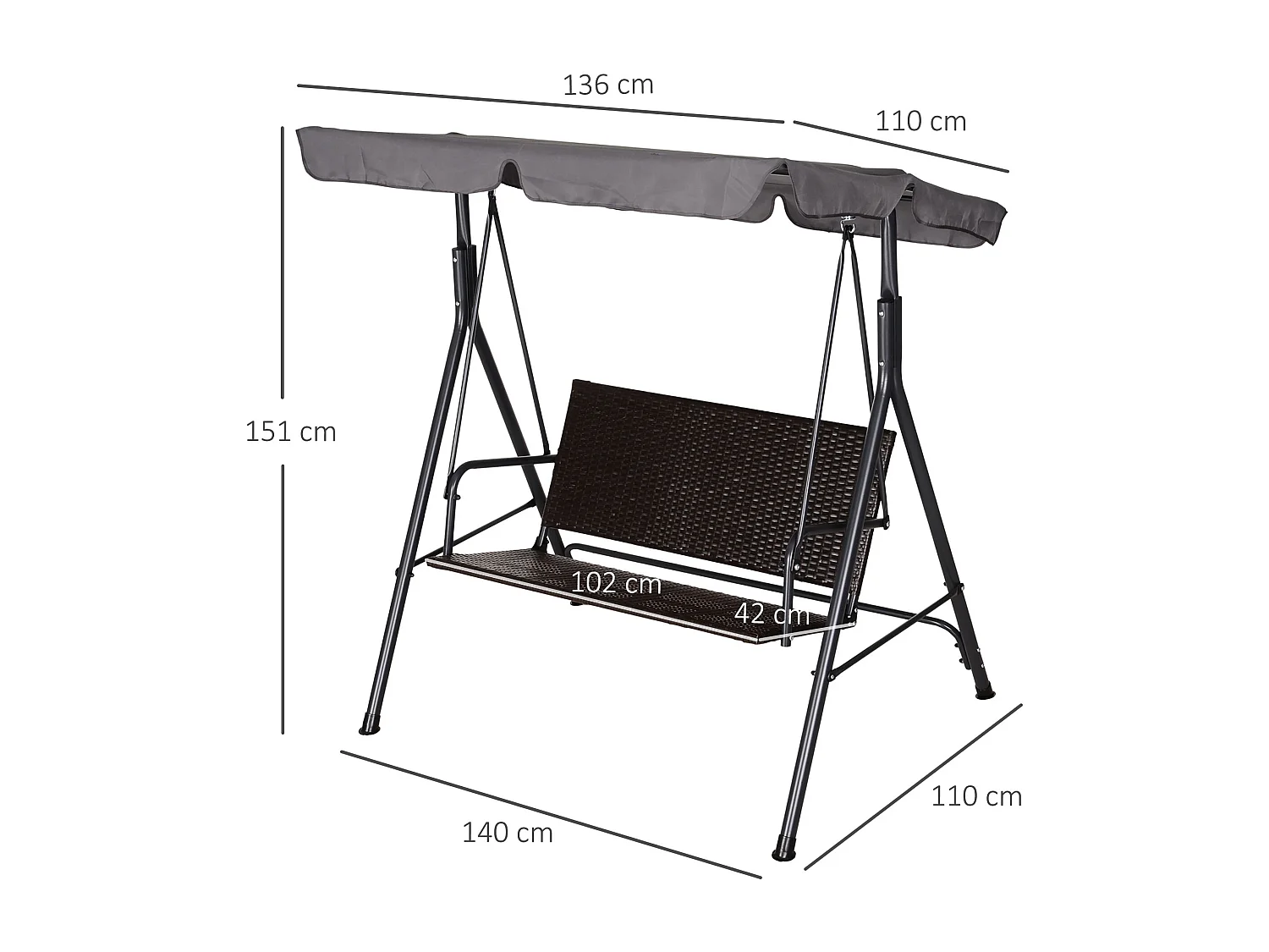 Dondolo da giardino 2 posti con tettuccio in rattan marrone e grigio