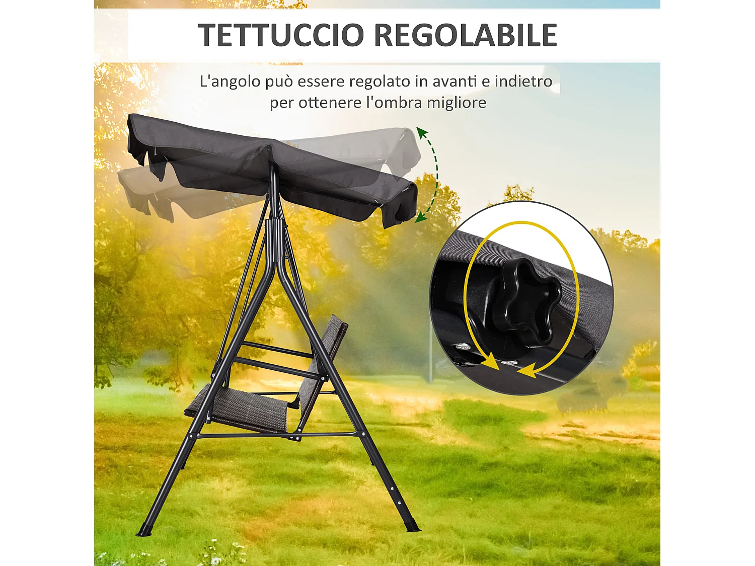 Dondolo da giardino 2 posti con tettuccio in rattan marrone e grigio