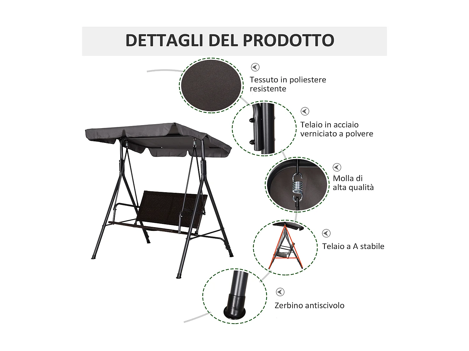 Dondolo da giardino 2 posti con tettuccio in rattan marrone e grigio