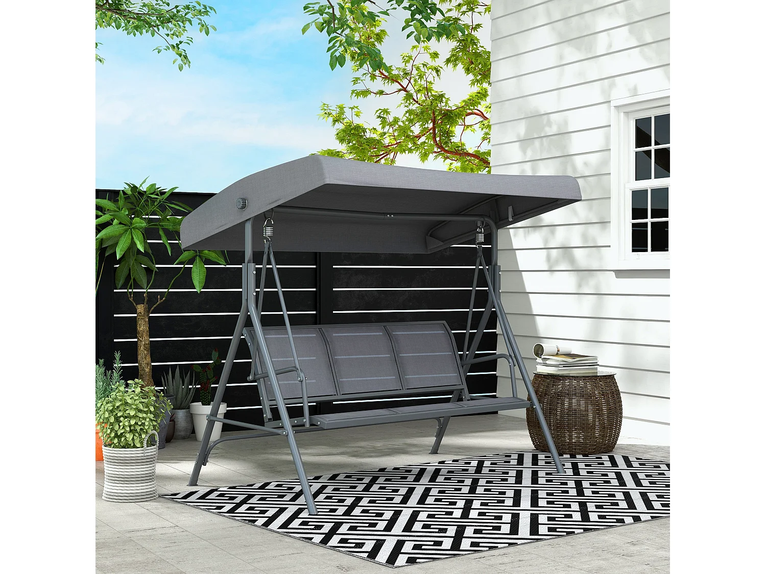 Dondolo Da Giardino 3 Posti Con Tettuccio Regolabile Telaio In Acciaio 175x118x159cm 200kg Grigio