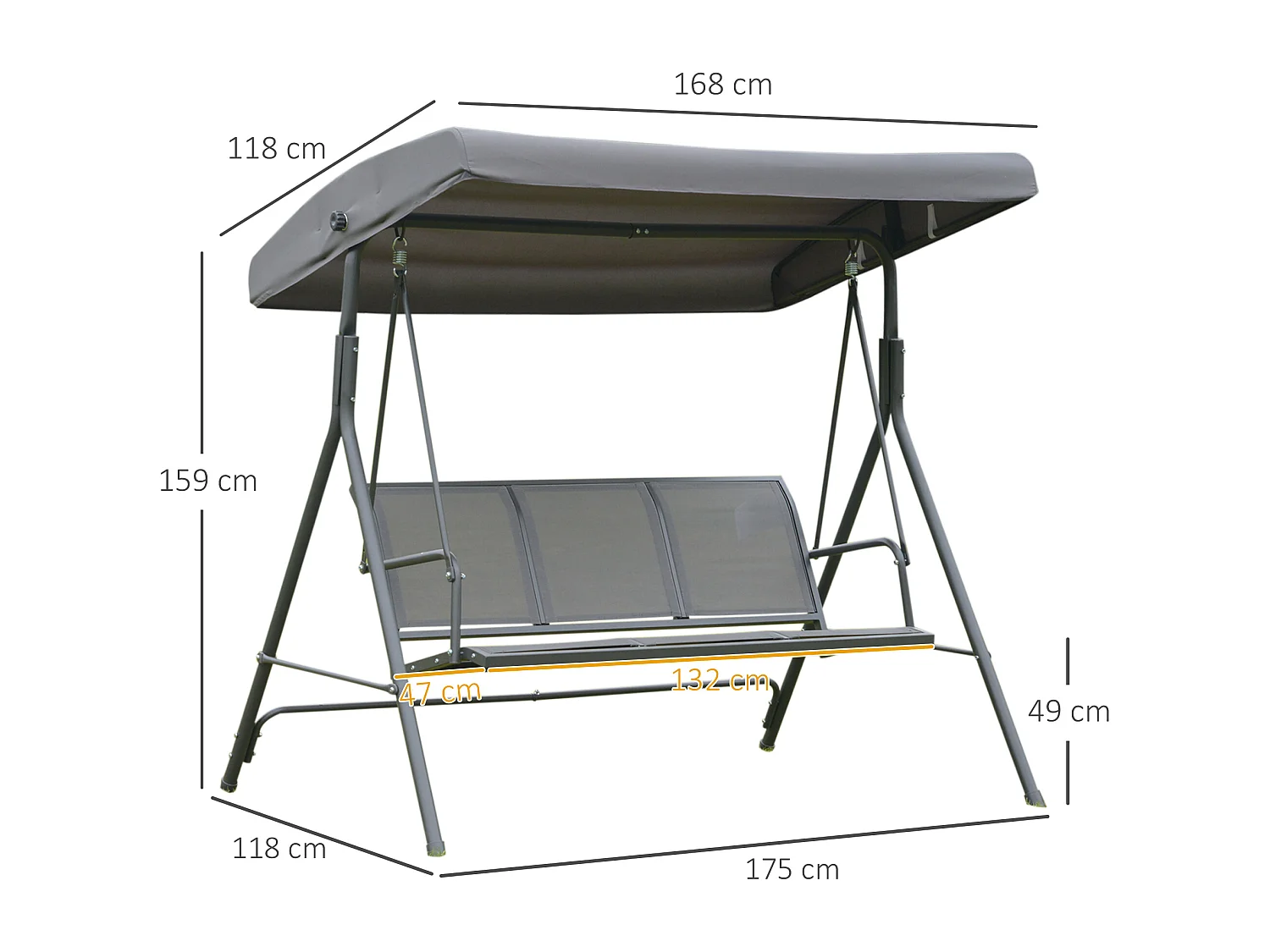 Dondolo Da Giardino 3 Posti Con Tettuccio Regolabile Telaio In Acciaio 175x118x159cm 200kg Grigio