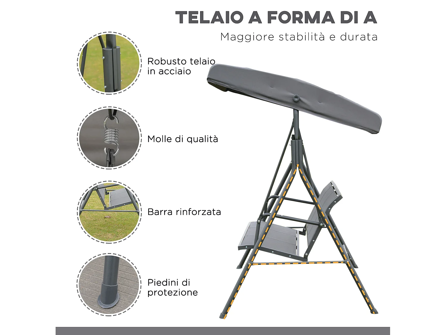 Dondolo Da Giardino 3 Posti Con Tettuccio Regolabile Telaio In Acciaio 175x118x159cm 200kg Grigio