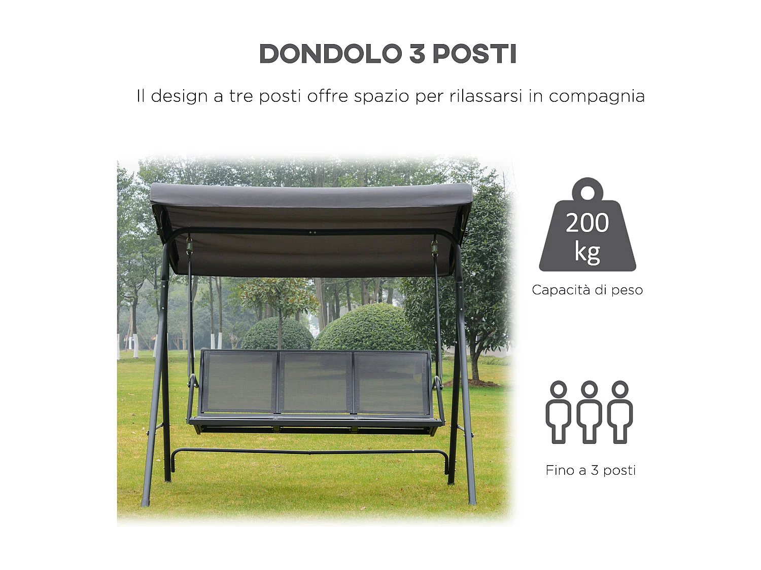 Dondolo Da Giardino 3 Posti Con Tettuccio Regolabile Telaio In Acciaio 175x118x159cm 200kg Grigio
