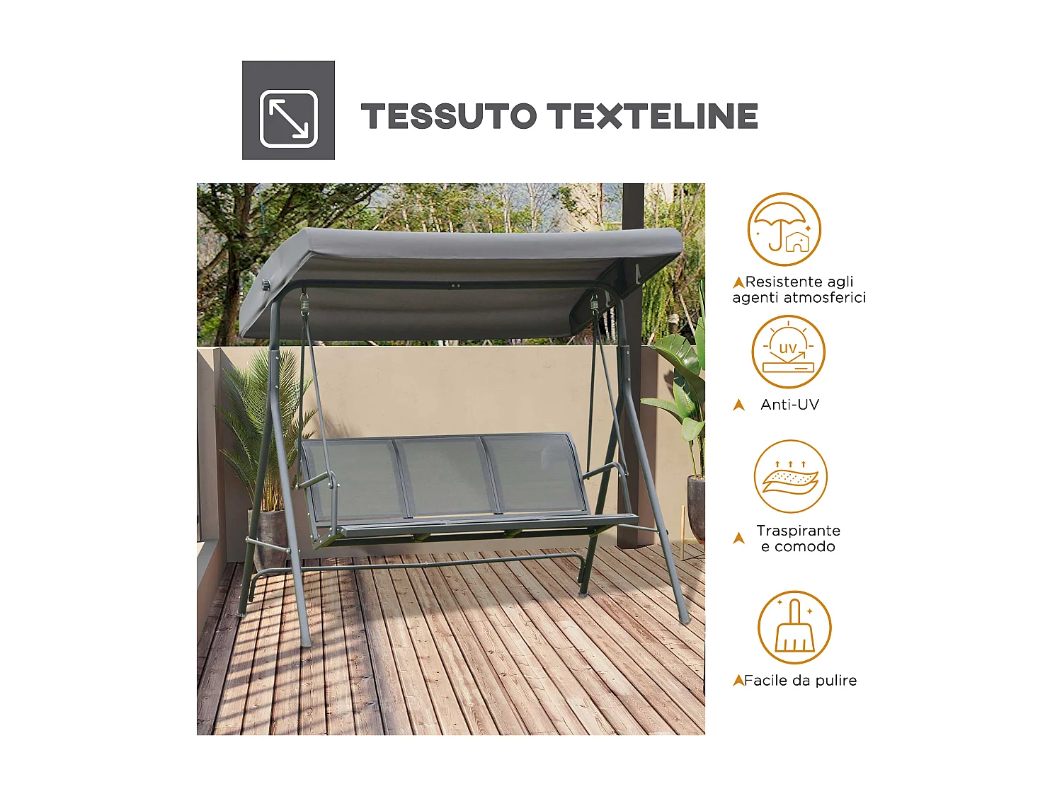 Dondolo Da Giardino 3 Posti Con Tettuccio Regolabile Telaio In Acciaio 175x118x159cm 200kg Grigio