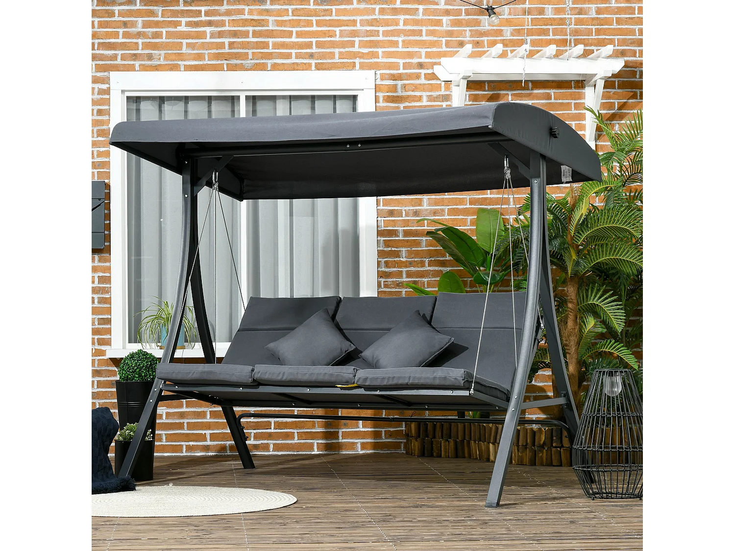 Dondolo da giardino 3 posti con tettuccio regolabile grigio scuro