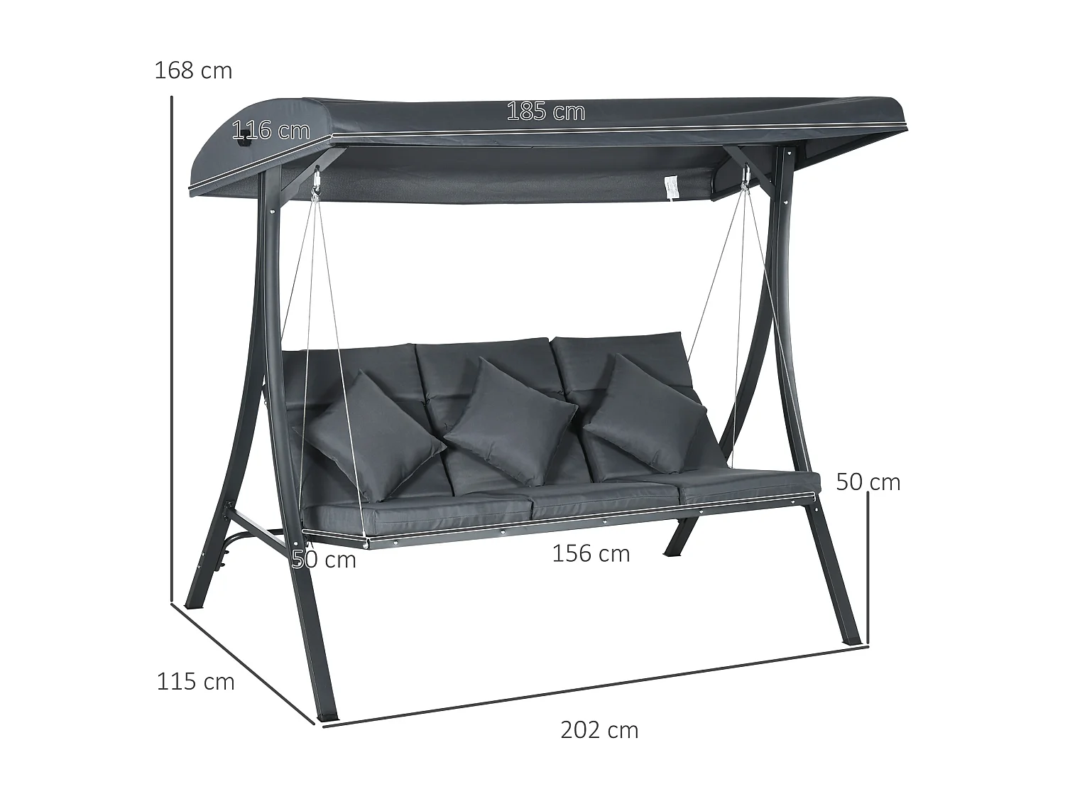 Dondolo da giardino 3 posti con tettuccio regolabile grigio scuro