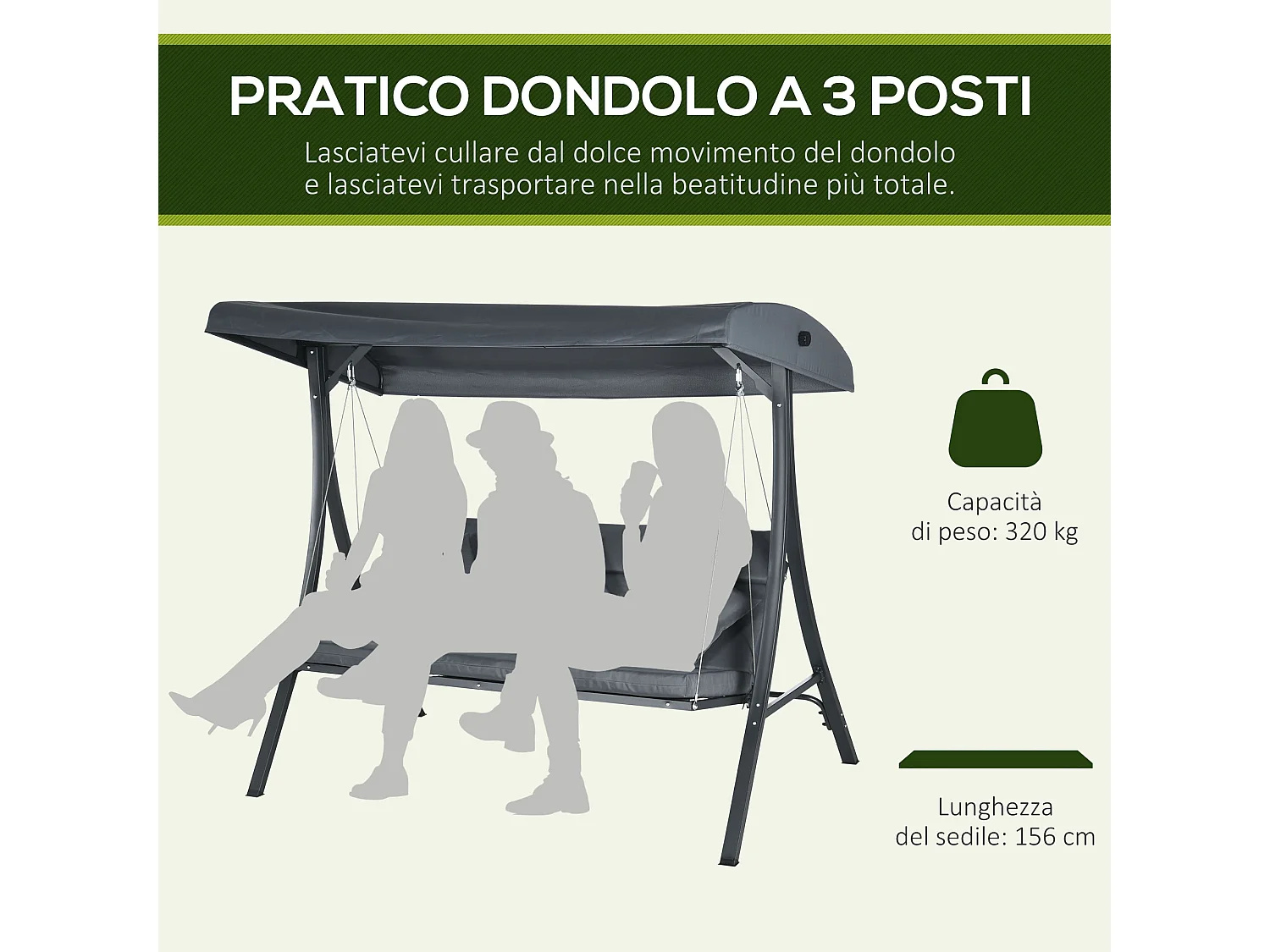 Dondolo da giardino 3 posti con tettuccio regolabile grigio scuro