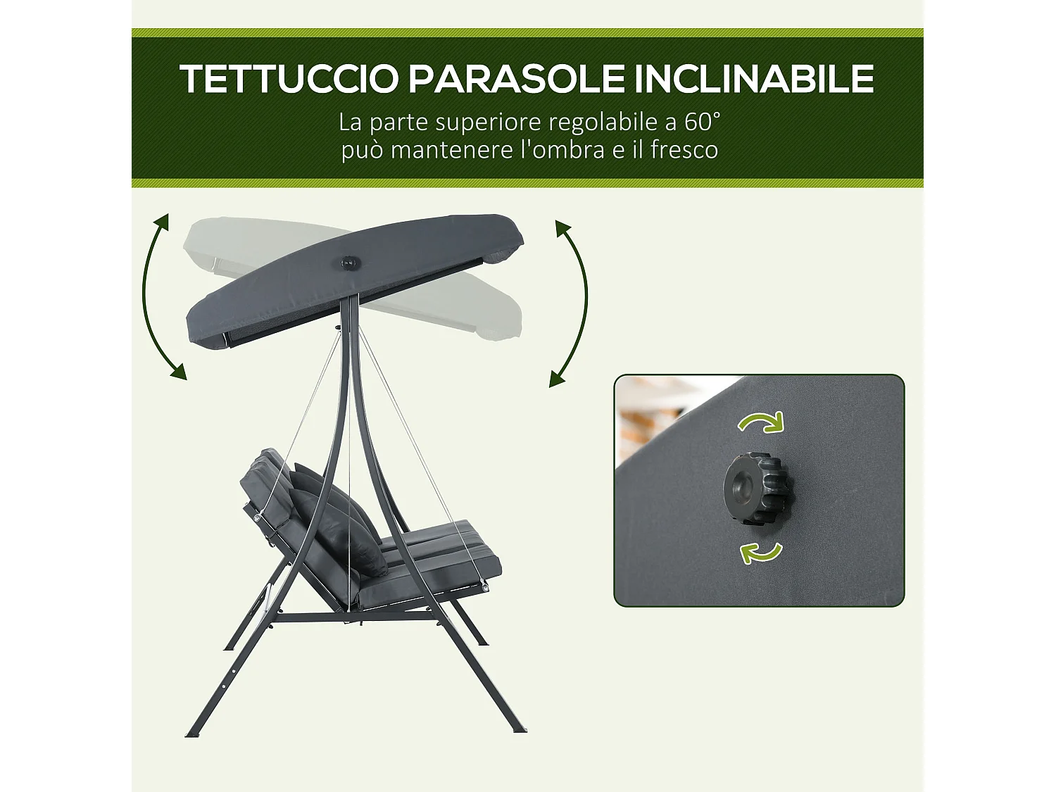 Dondolo da giardino 3 posti con tettuccio regolabile grigio scuro