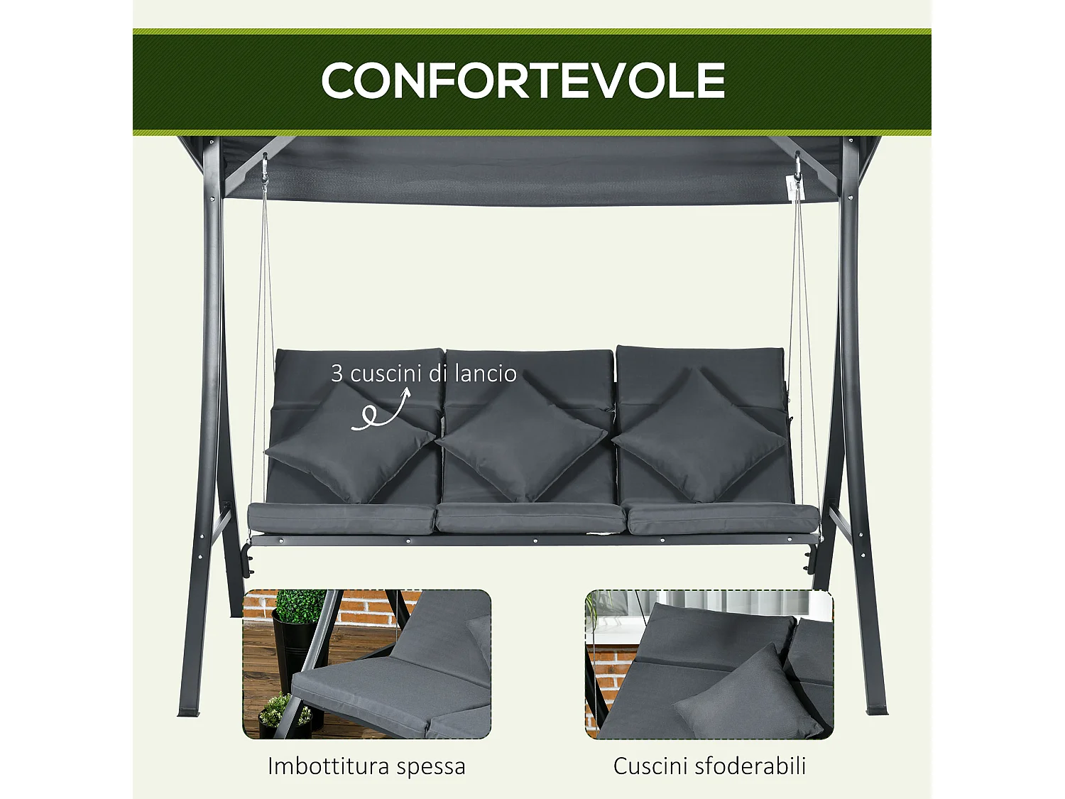 Dondolo da giardino 3 posti con tettuccio regolabile grigio scuro