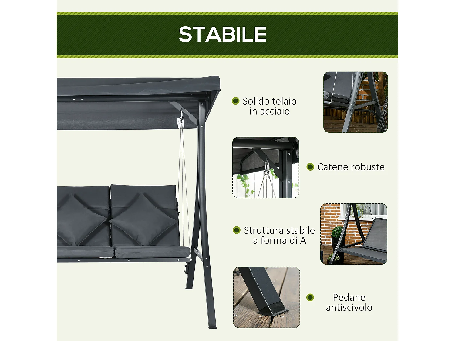 Dondolo da giardino 3 posti con tettuccio regolabile grigio scuro