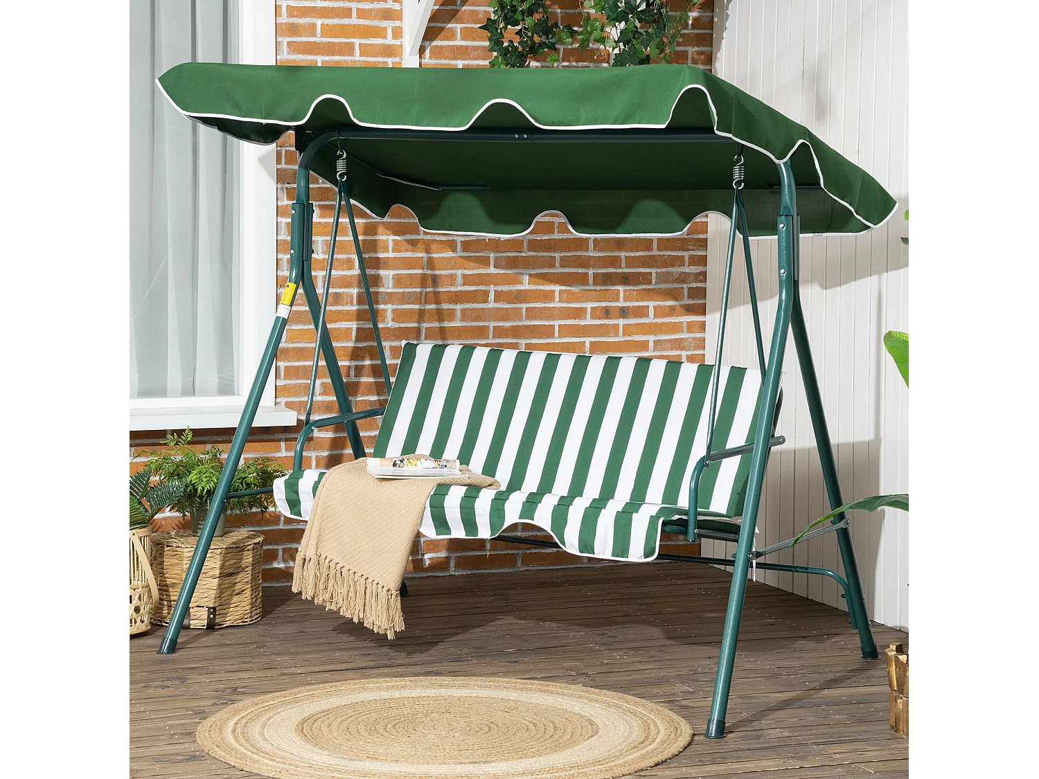 Dondolo 3 posti da terrazzo e giardino con tettuccio verde