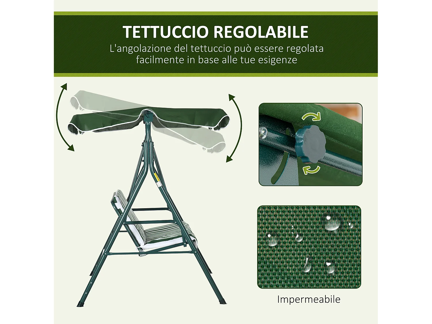 Dondolo 3 posti da terrazzo e giardino con tettuccio verde