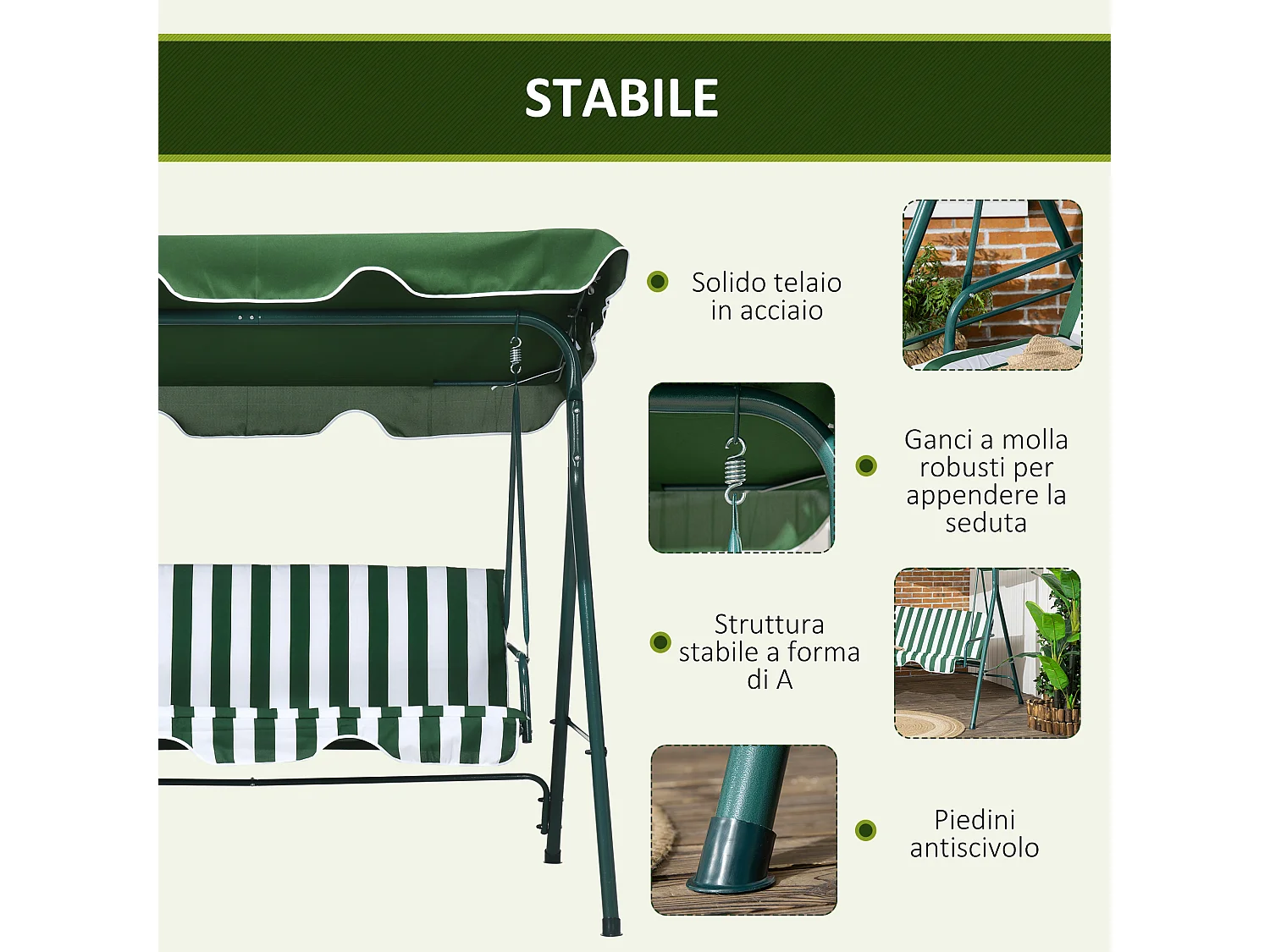 Dondolo 3 posti da terrazzo e giardino con tettuccio verde