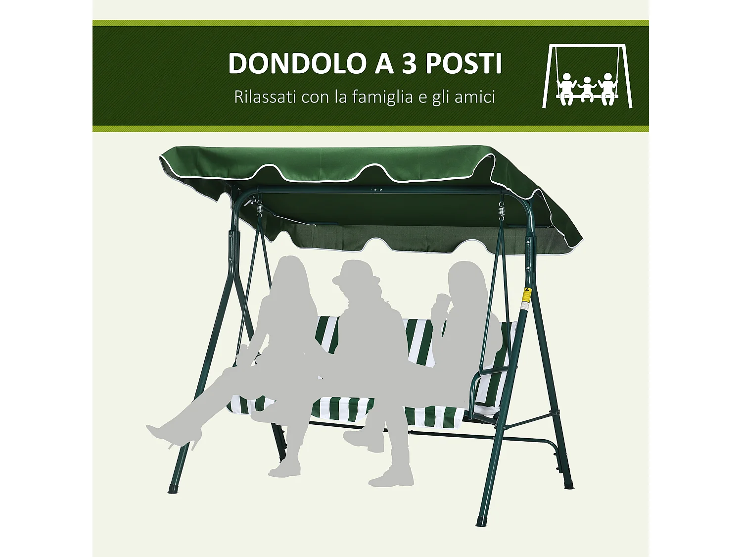 Dondolo 3 posti da terrazzo e giardino con tettuccio verde