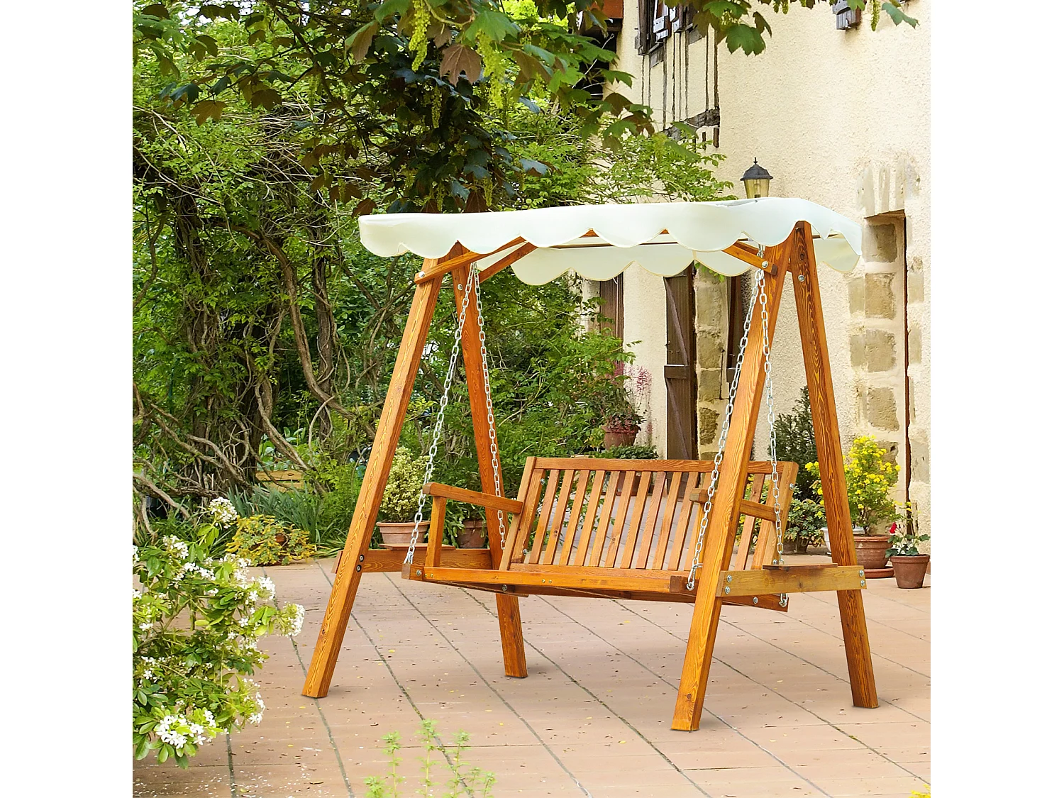 Dondolo Da Giardino In Legno Massello Di Pino Con Tettuccio Parasole 162x130x185cm 240kg
