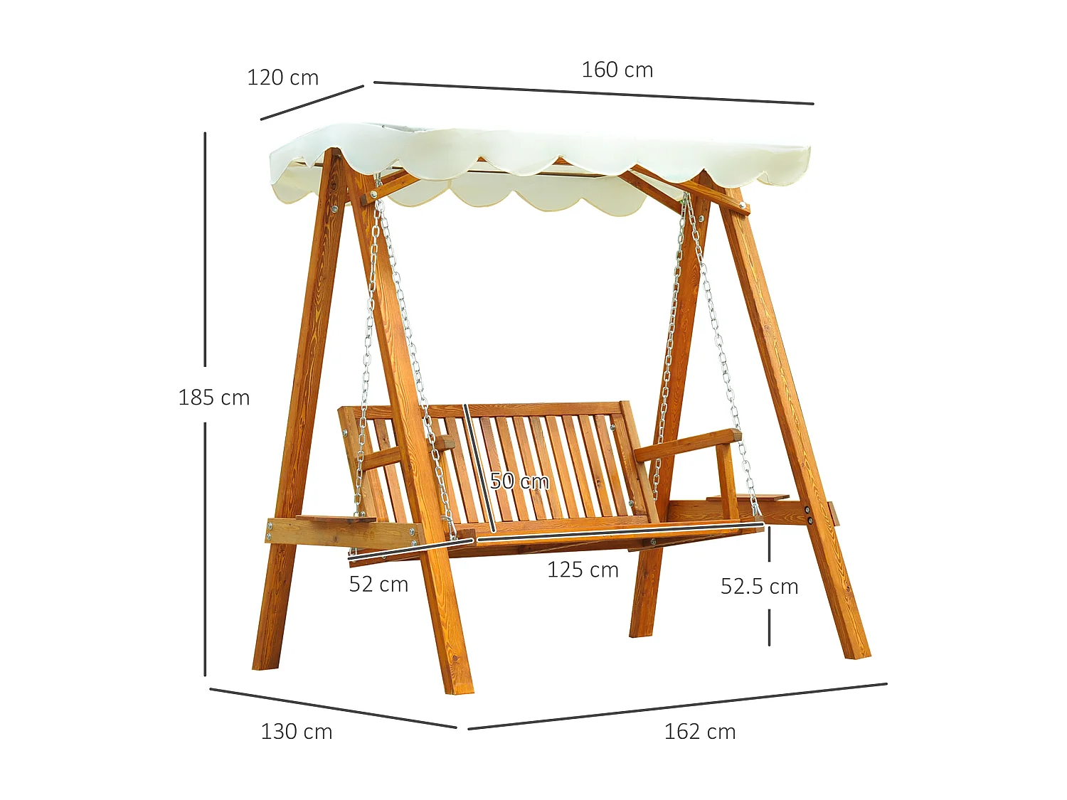 Dondolo Da Giardino In Legno Massello Di Pino Con Tettuccio Parasole 162x130x185cm 240kg