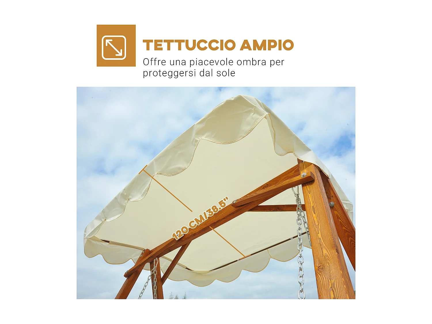 Dondolo Da Giardino In Legno Massello Di Pino Con Tettuccio Parasole 162x130x185cm 240kg