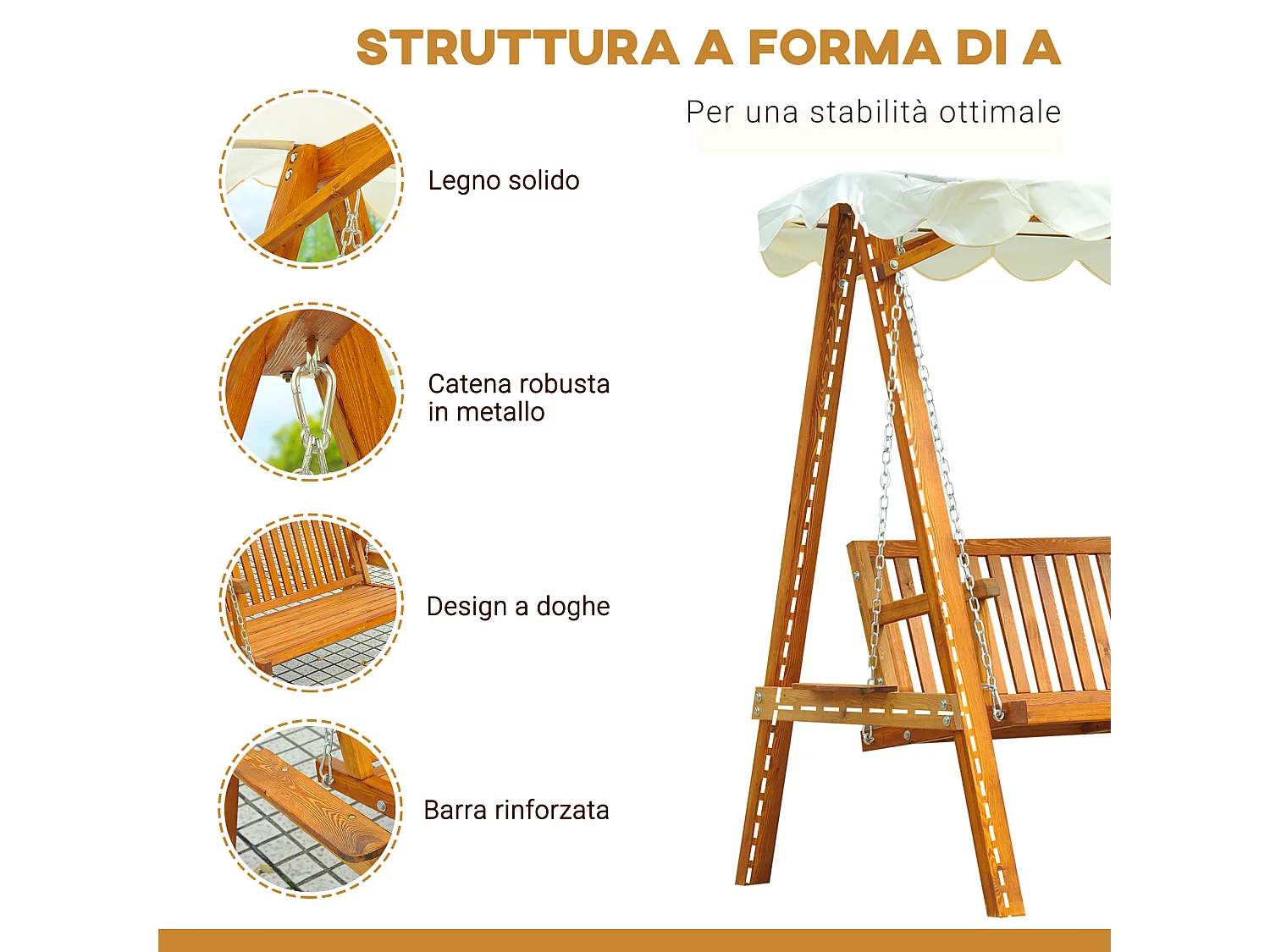 Dondolo Da Giardino In Legno Massello Di Pino Con Tettuccio Parasole 162x130x185cm 240kg