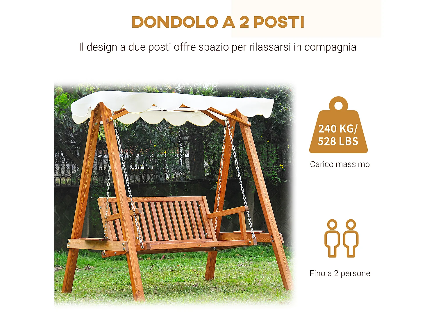 Dondolo Da Giardino In Legno Massello Di Pino Con Tettuccio Parasole 162x130x185cm 240kg