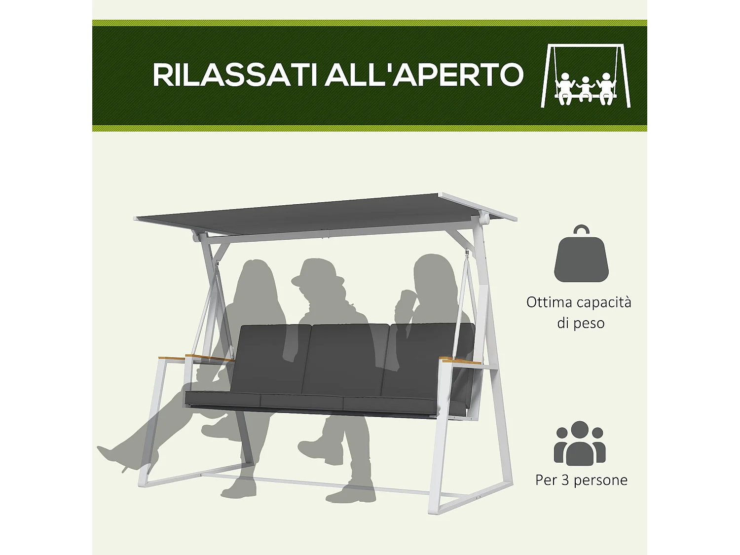 Dondolo da giardino 3 posti con tettuccio inclinabile grigio scuro