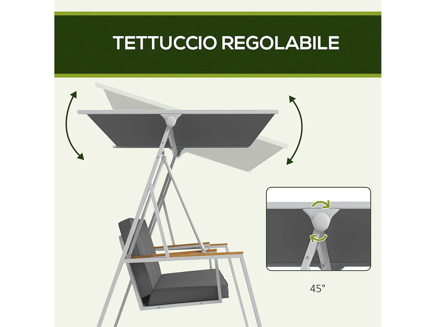 Dondolo da giardino 3 posti con tettuccio inclinabile grigio scuro