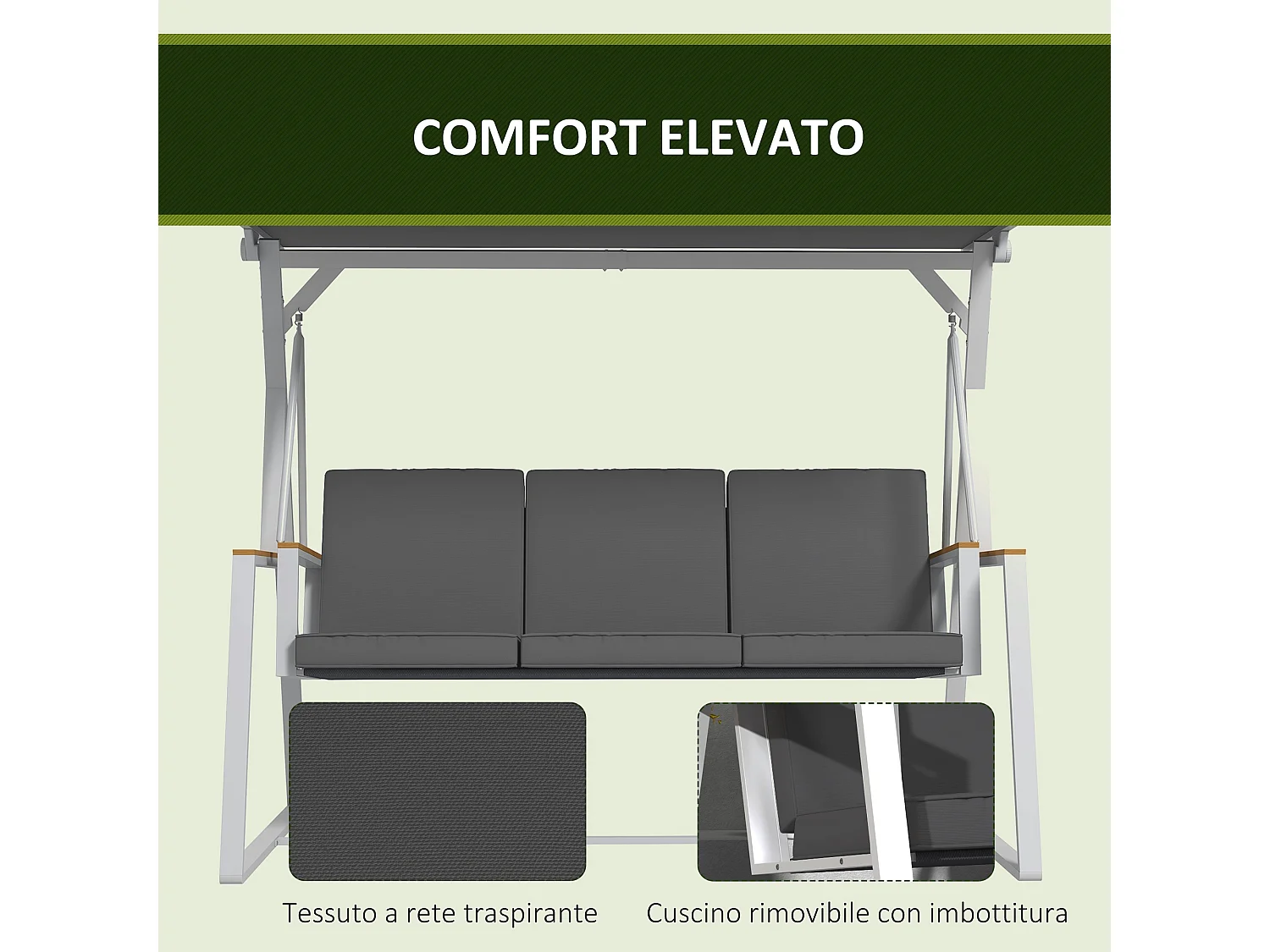 Dondolo da giardino 3 posti con tettuccio inclinabile grigio scuro