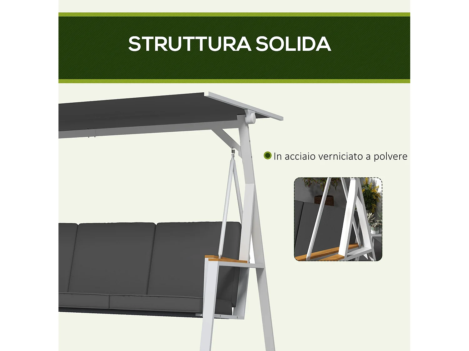 Dondolo da giardino 3 posti con tettuccio inclinabile grigio scuro