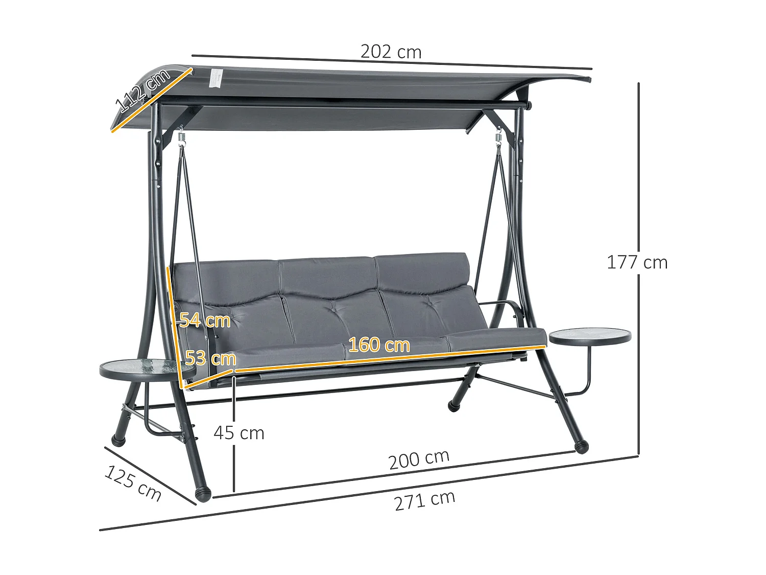 Dondolo 3 Posti da Giardino con Tettuccio Regolabile e 2 Tavolini