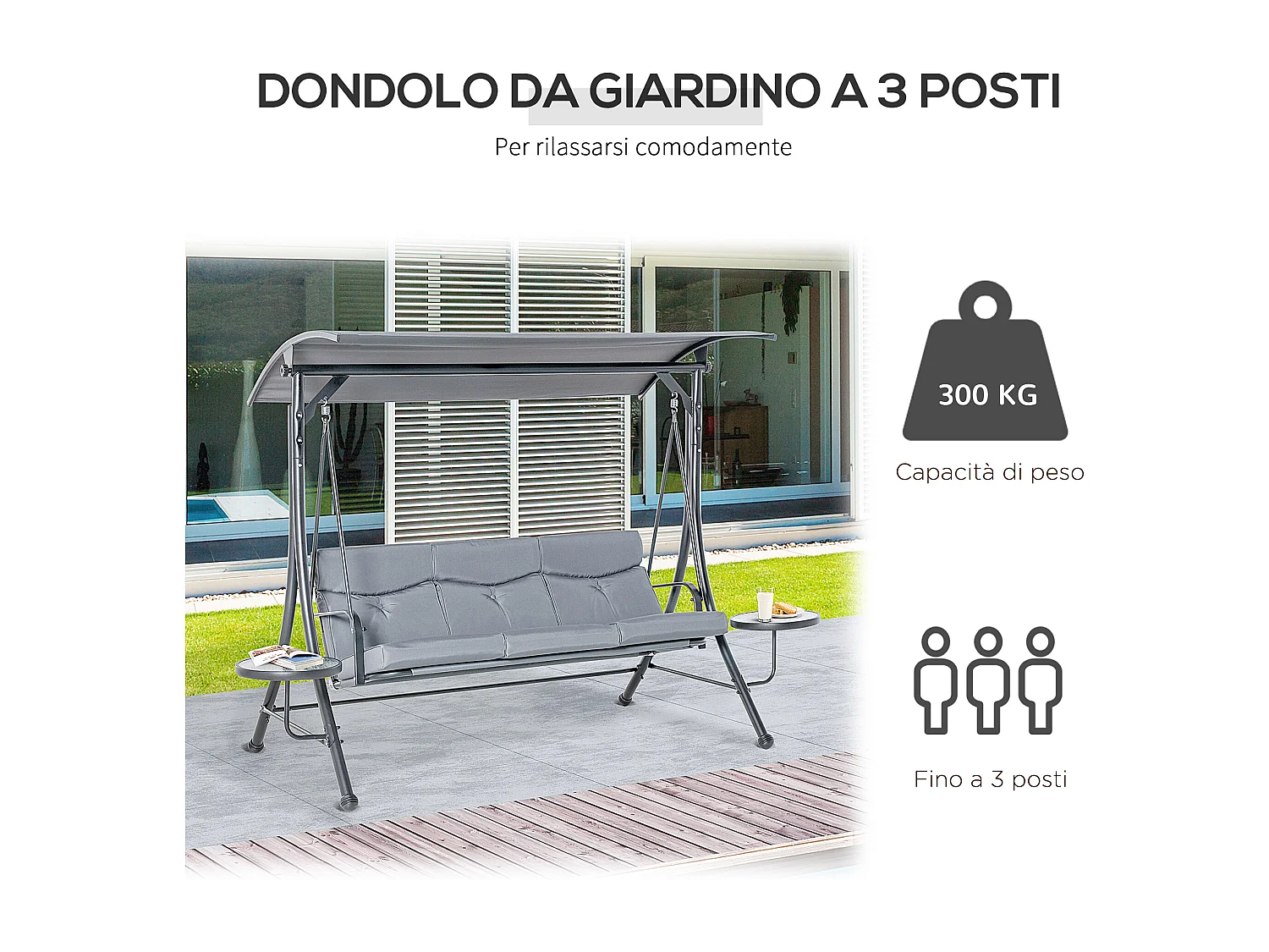 Dondolo 3 Posti da Giardino con Tettuccio Regolabile e 2 Tavolini