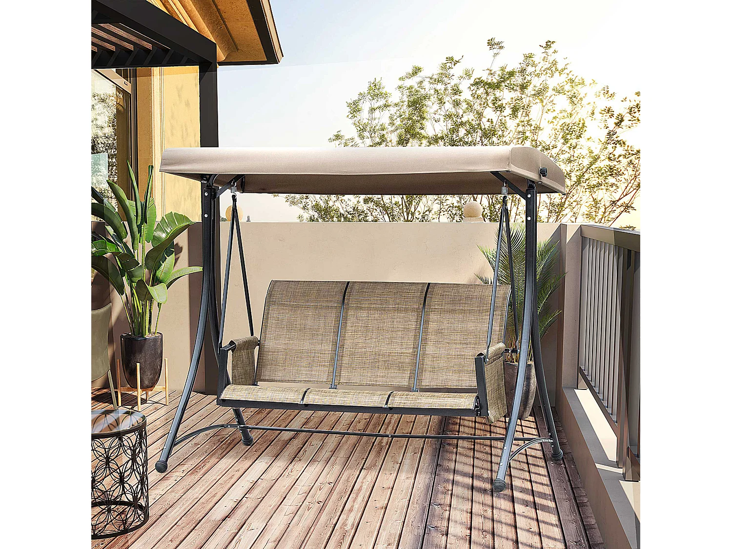 Dondolo 3 Posti da Giardino con Tettuccio Regolabile e Tasche Portaoggetti