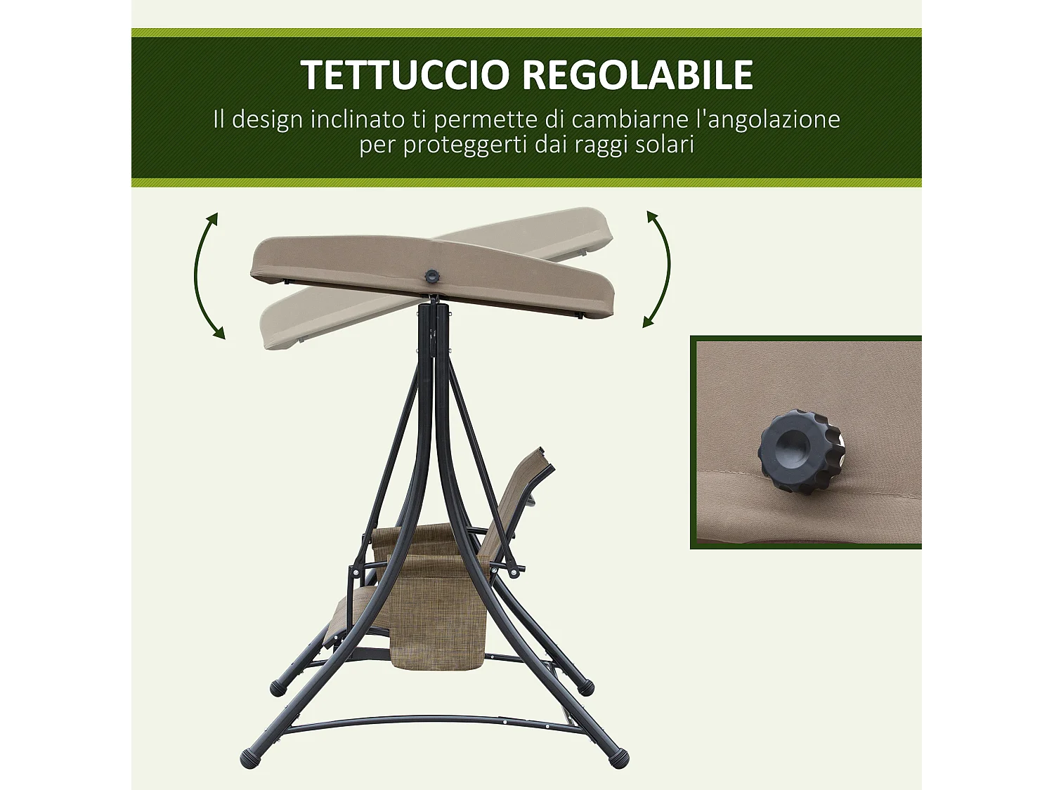 Dondolo 3 Posti da Giardino con Tettuccio Regolabile e Tasche Portaoggetti