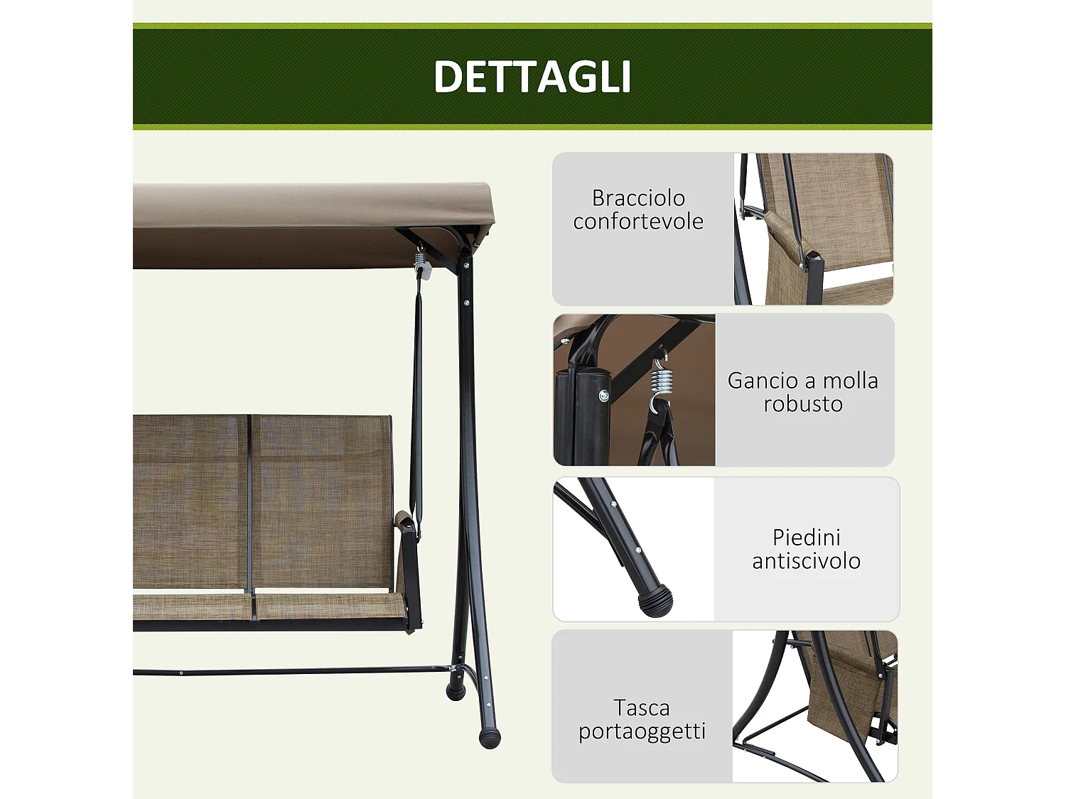 Dondolo 3 Posti da Giardino con Tettuccio Regolabile e Tasche Portaoggetti