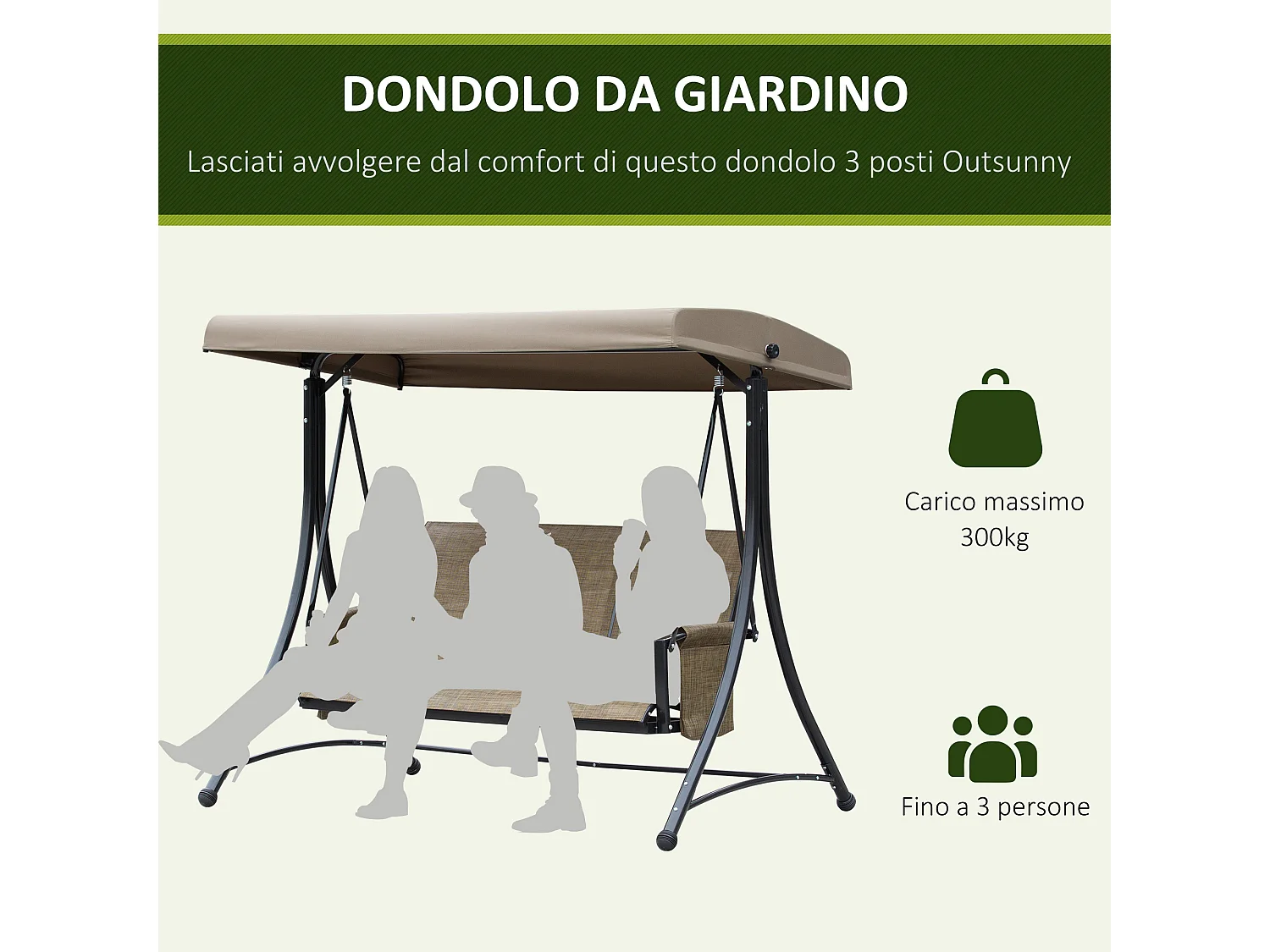 Dondolo 3 Posti da Giardino con Tettuccio Regolabile e Tasche Portaoggetti