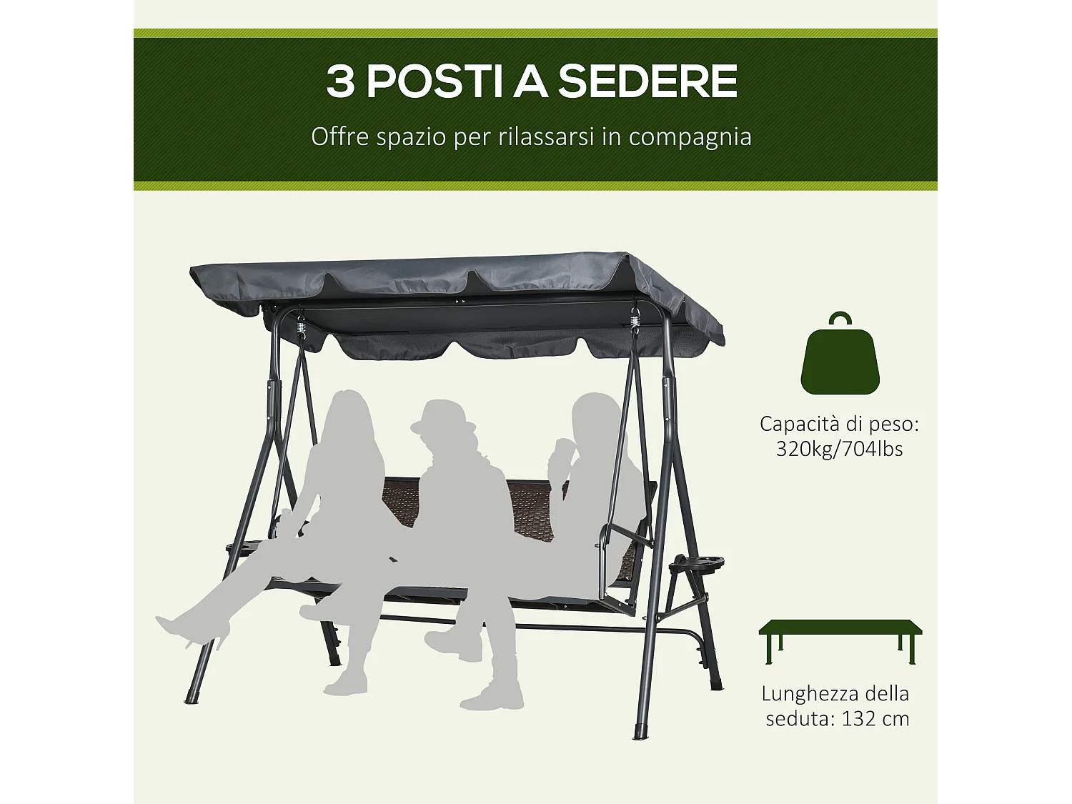 Dondolo da giardino 3 posti con tettuccio regolabile