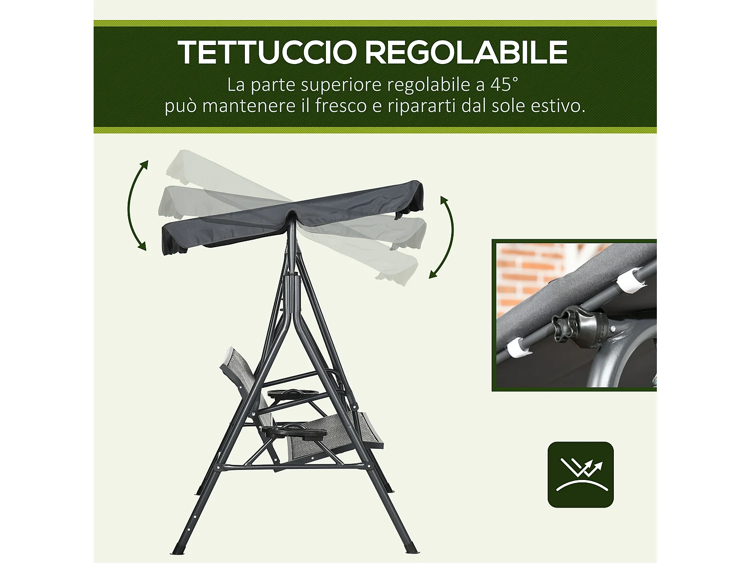 Dondolo da giardino 3 posti con tettuccio regolabile