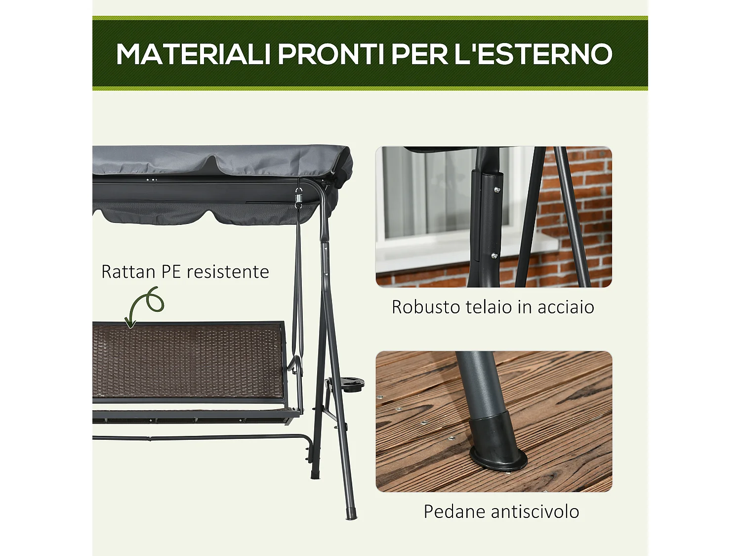 Dondolo da giardino 3 posti con tettuccio regolabile