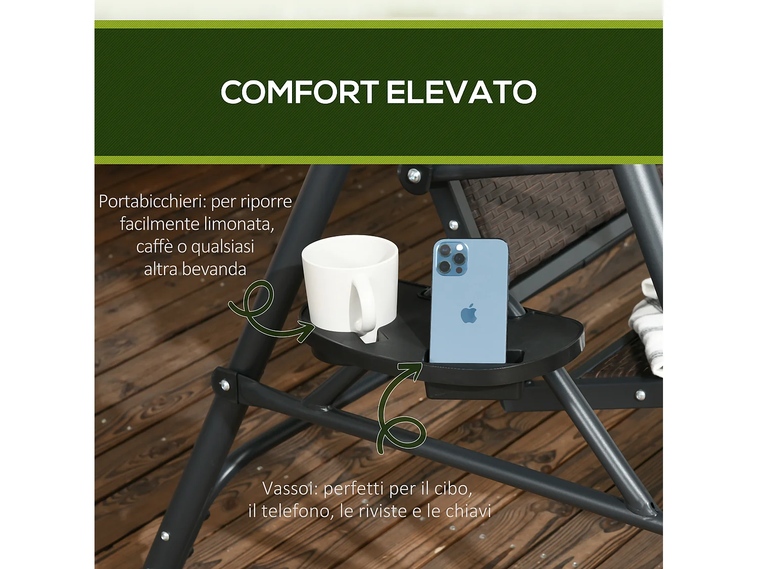 Dondolo da giardino 3 posti con tettuccio regolabile