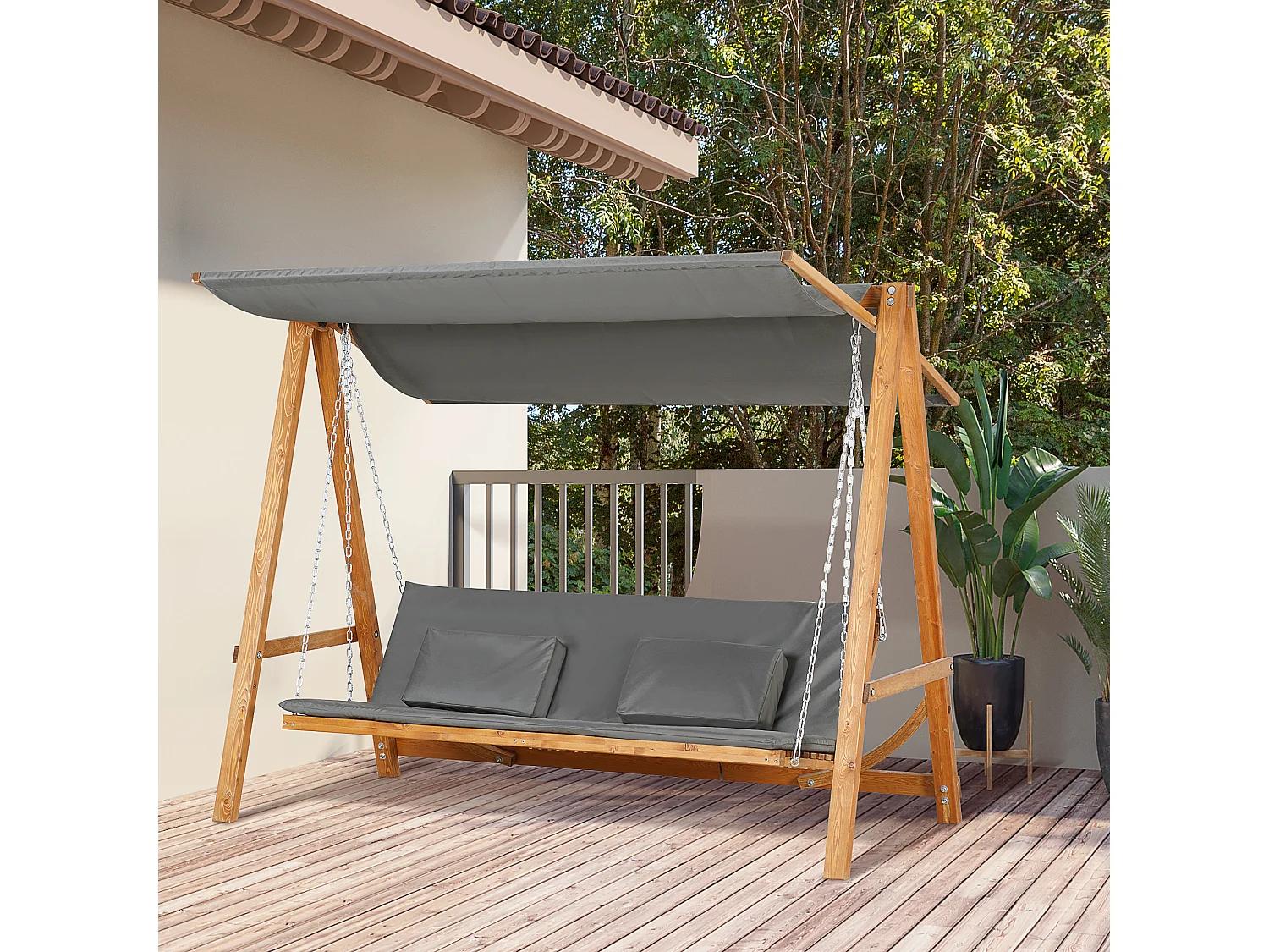 Dondolo letto da giardino 3 posti in legno poliestere grigio