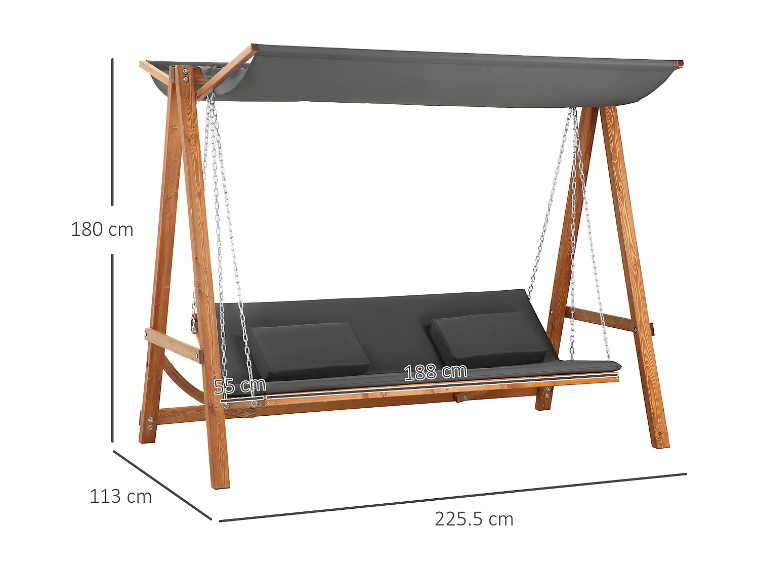 Dondolo letto da giardino 3 posti in legno poliestere grigio