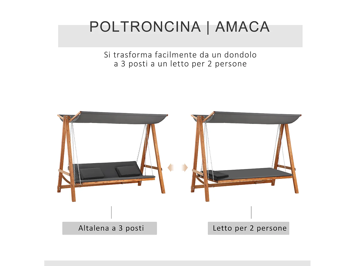 Dondolo letto da giardino 3 posti in legno poliestere grigio