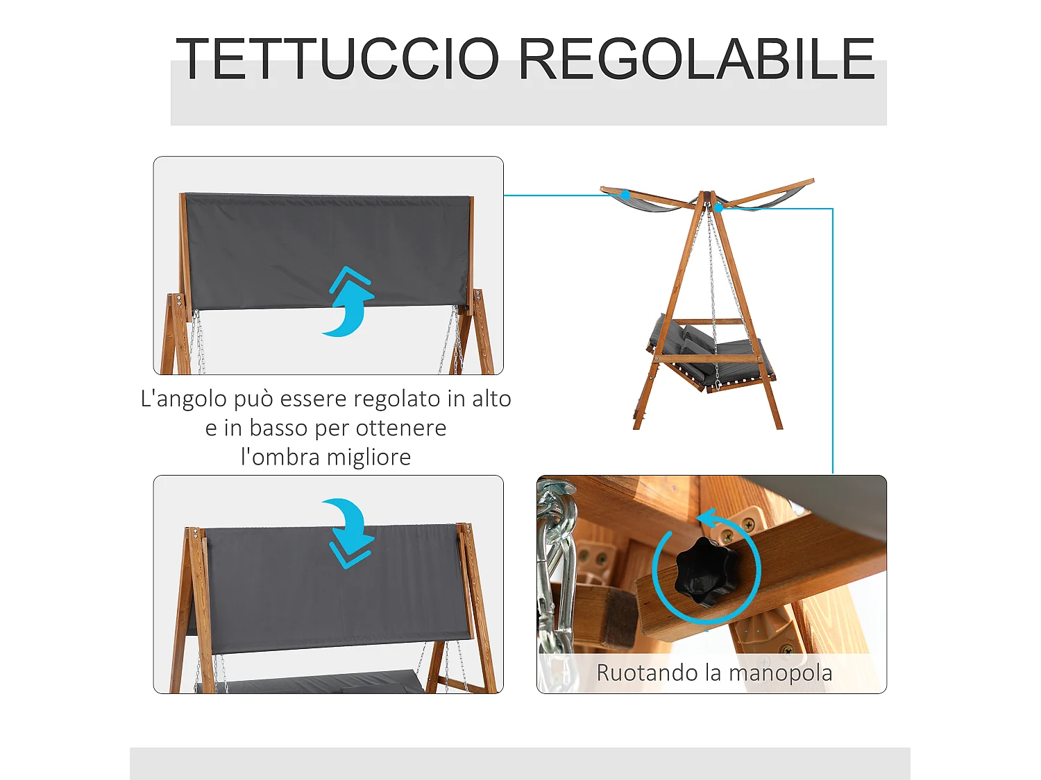 Dondolo letto da giardino 3 posti in legno poliestere grigio