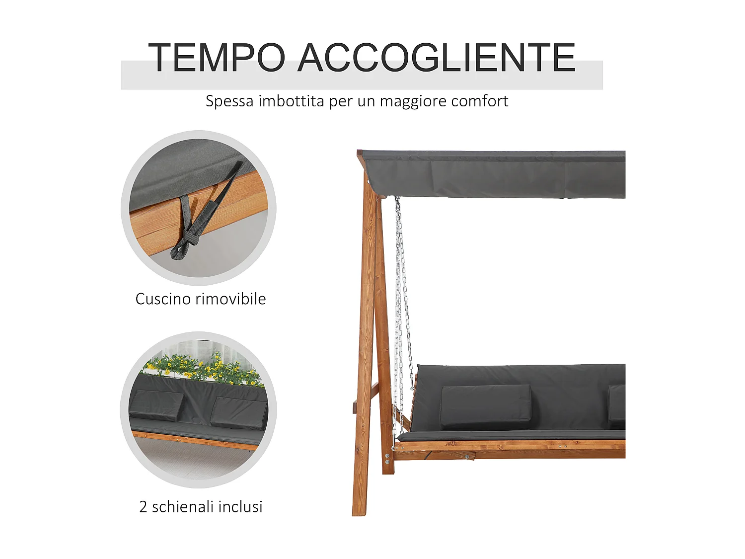 Dondolo letto da giardino 3 posti in legno poliestere grigio