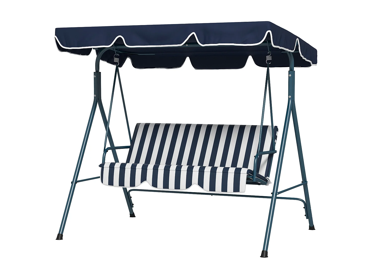 Dondolo 3 posti da terrazzo e giardino con tettuccio blu e bianco