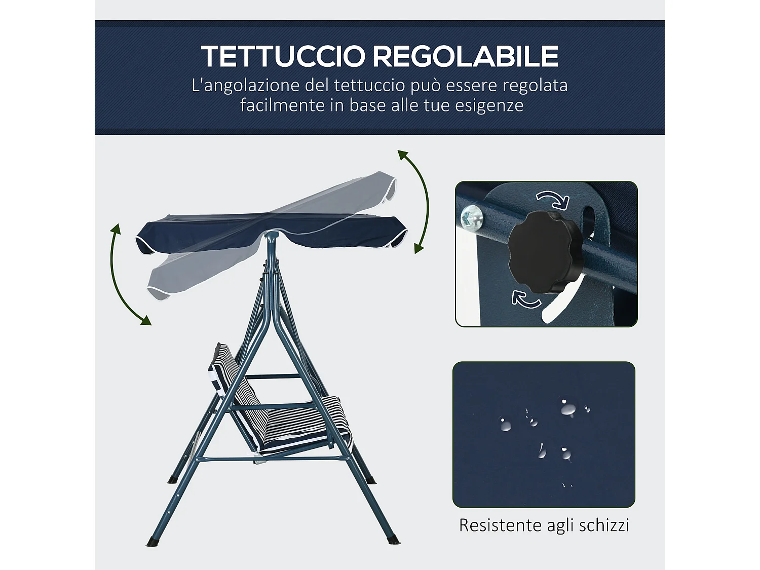 Dondolo 3 posti da terrazzo e giardino con tettuccio blu e bianco