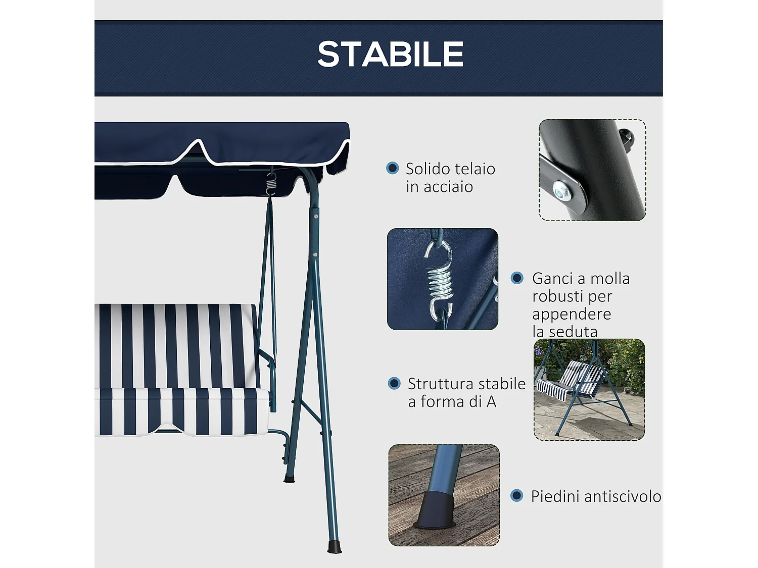 Dondolo 3 posti da terrazzo e giardino con tettuccio blu e bianco