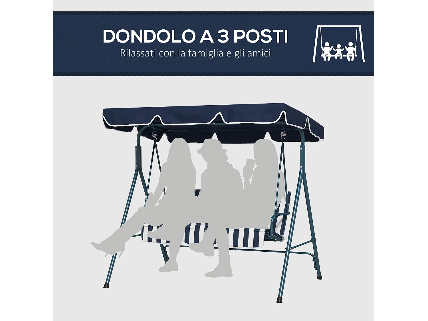 Dondolo 3 posti da terrazzo e giardino con tettuccio blu e bianco