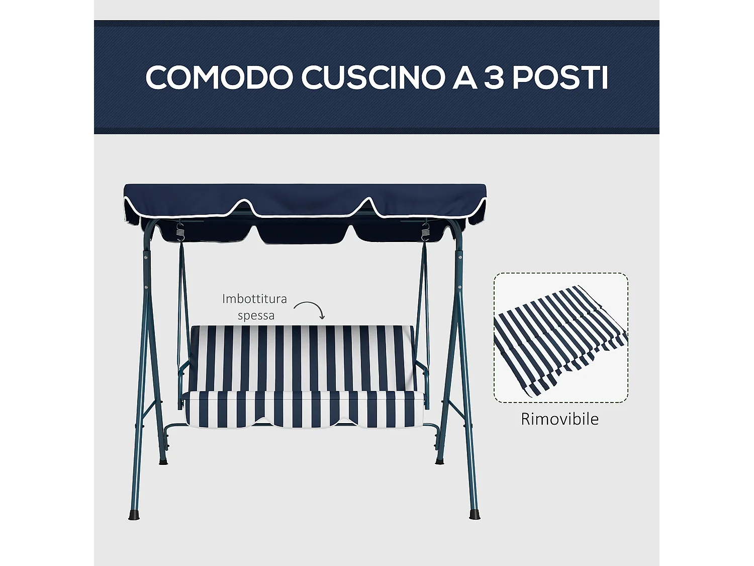 Dondolo 3 posti da terrazzo e giardino con tettuccio blu e bianco