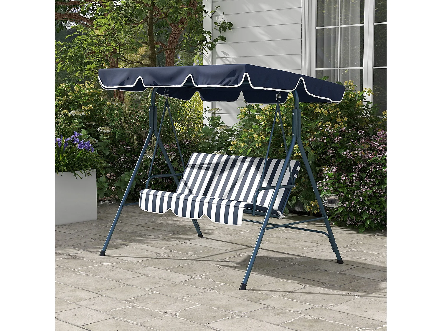 Dondolo 3 posti da terrazzo e giardino con tettuccio blu e bianco