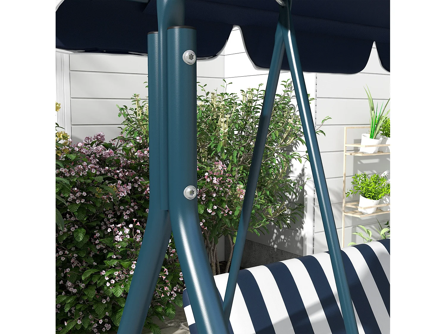 Dondolo 3 posti da terrazzo e giardino con tettuccio blu e bianco